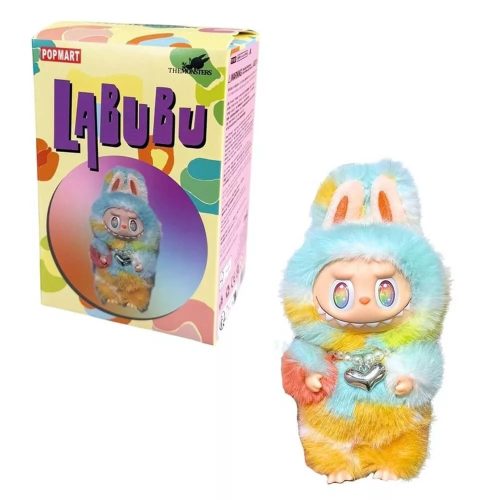 Labubu dúhová plyšová figúrka s náhrdelníkom v tvare srdiečka