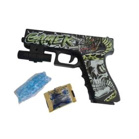   Gélová pištoľ s lebkou a nápisom Gamer – manuálna hračka na gélové guľky, 15 cm