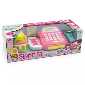   Detská pokladňa s potravinami, peniazmi, pásom a kalkulačkou