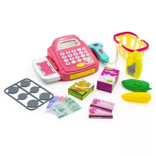 Detská pokladňa s potravinami, peniazmi, pásom a kalkulačkou
